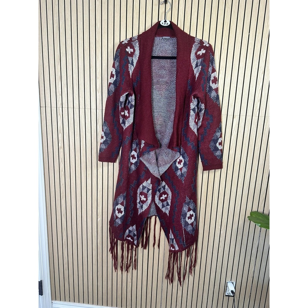 123 Hannah Southwestern Fringe Longline Cardigan Sweater Burgundy (Small, EUC)